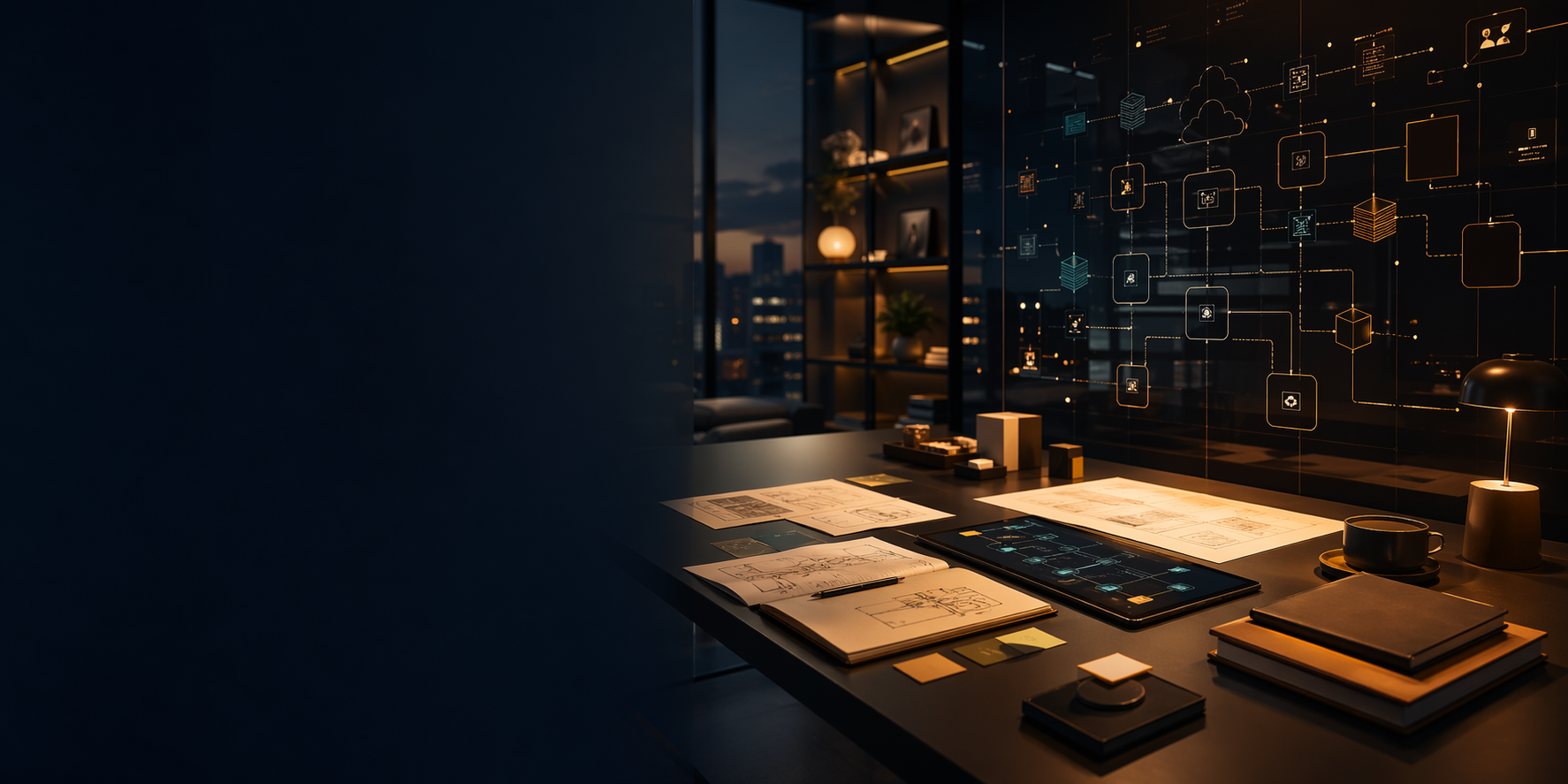 A technology delivery studio with system maps and a working desk